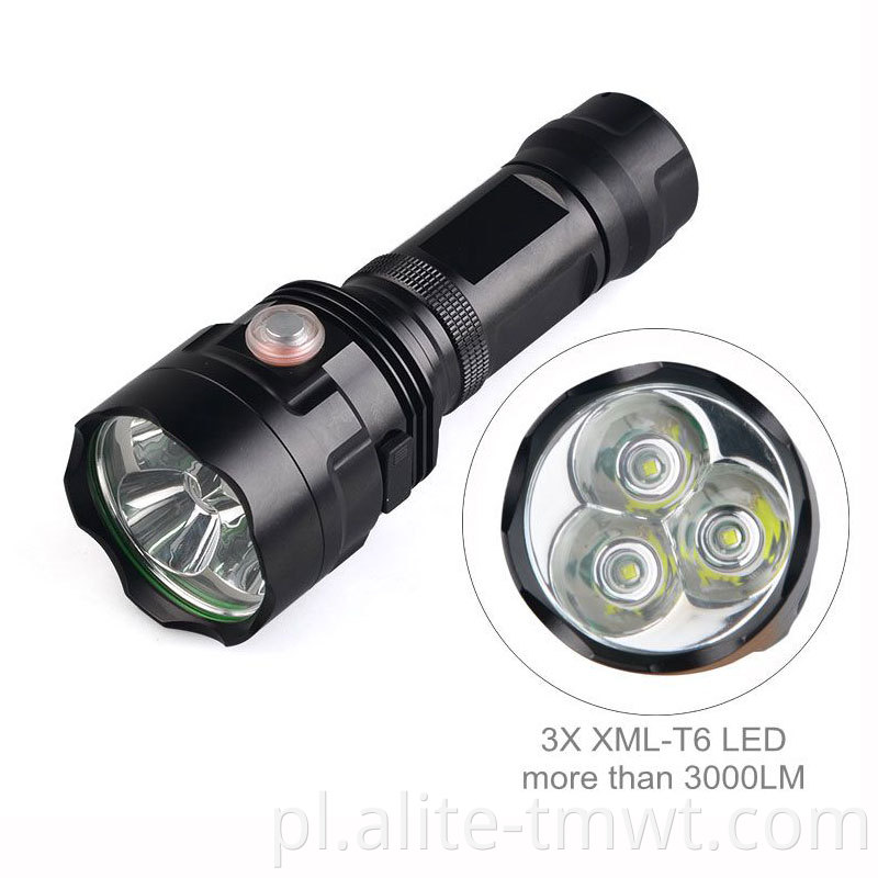 26650 Mocne 3000LM USB Latarka taktyczna z 3LED XML T6